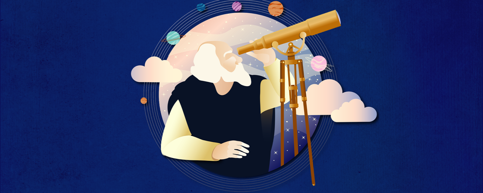 Graphic representation of astronomer Galileo Galilei looking through a telescope surrounded by planets and clouds within a circular frame.